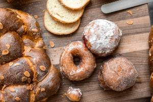 Donuts and bread on a table